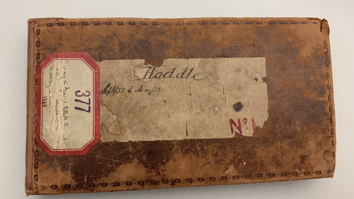 The cover of Robert Hoddle's leather-bound field journal from his survey of properties along Ginninderra Creek in 1832. Picture: Tim the Yowie Man