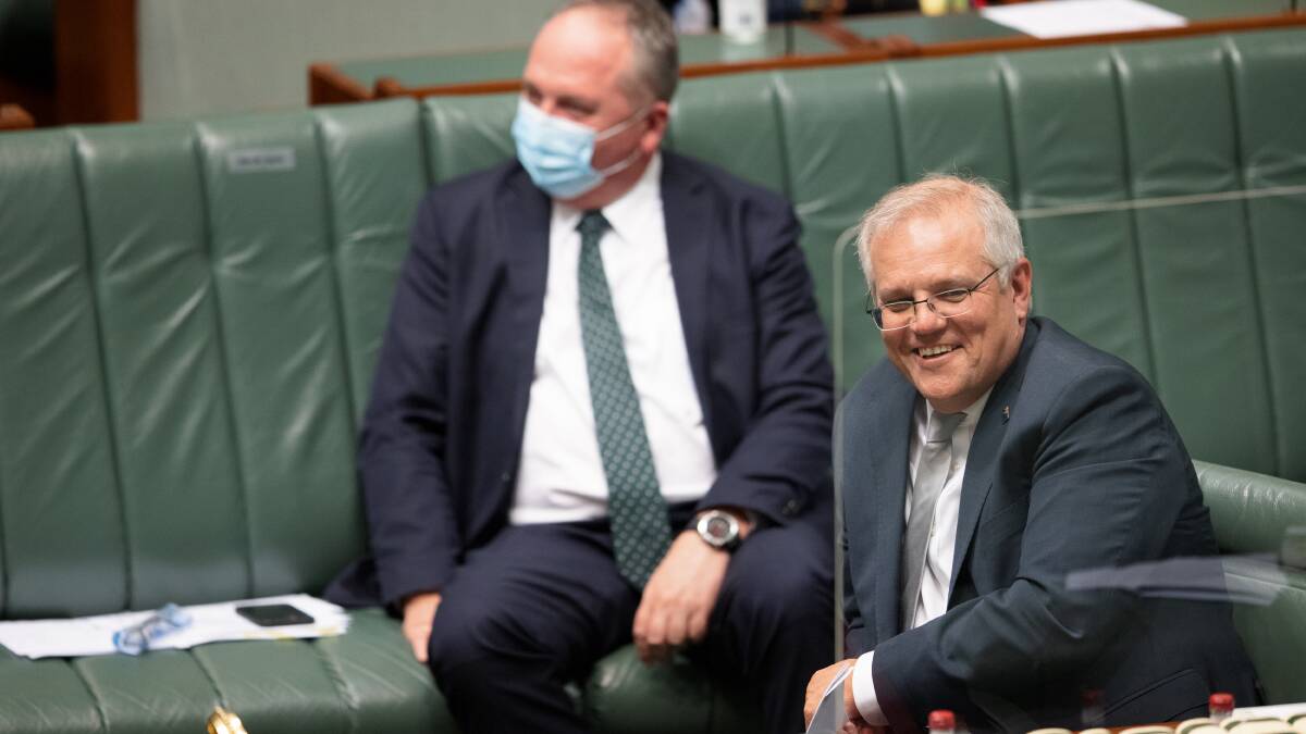 Deputy Prime Minister Barnaby Joyce and Prime Minister Scott Morrison in Parliament. Picture: Sitthixay Ditthavong