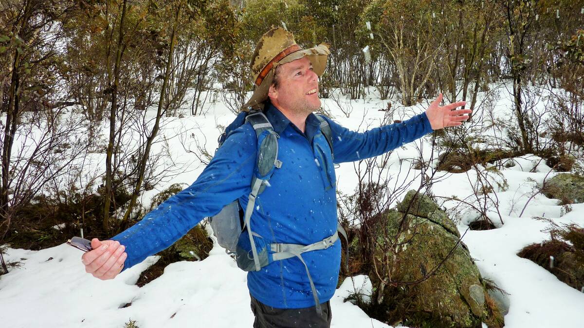 Tim rejoices during a big snow fall in the Brindabellas. Picture: Brandon Galpin