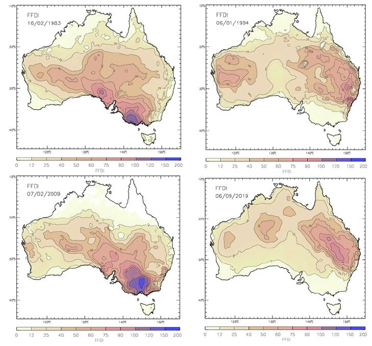 Comparison of historical bushfires using the Forest Fire Danger Index for February 16, 1983 (Ash Wednesday, top left), January 6, 1994 (Sydney fires, top right), February 7, 2009 (Black Saturday, bottom left), and September 6, 2019 (bottom right). Picture: Dr Andrew Dowdy, Bureau of Meteorology