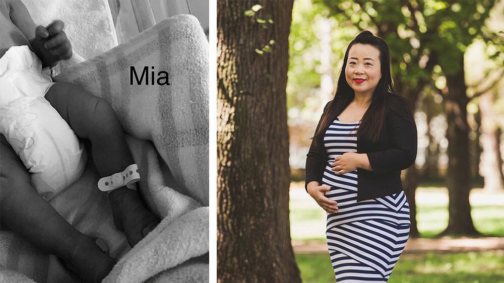Liberal Elizabeth Lee, right photographed in February, posted this photo of her baby's feet, left, on Twitter on Monday morning.