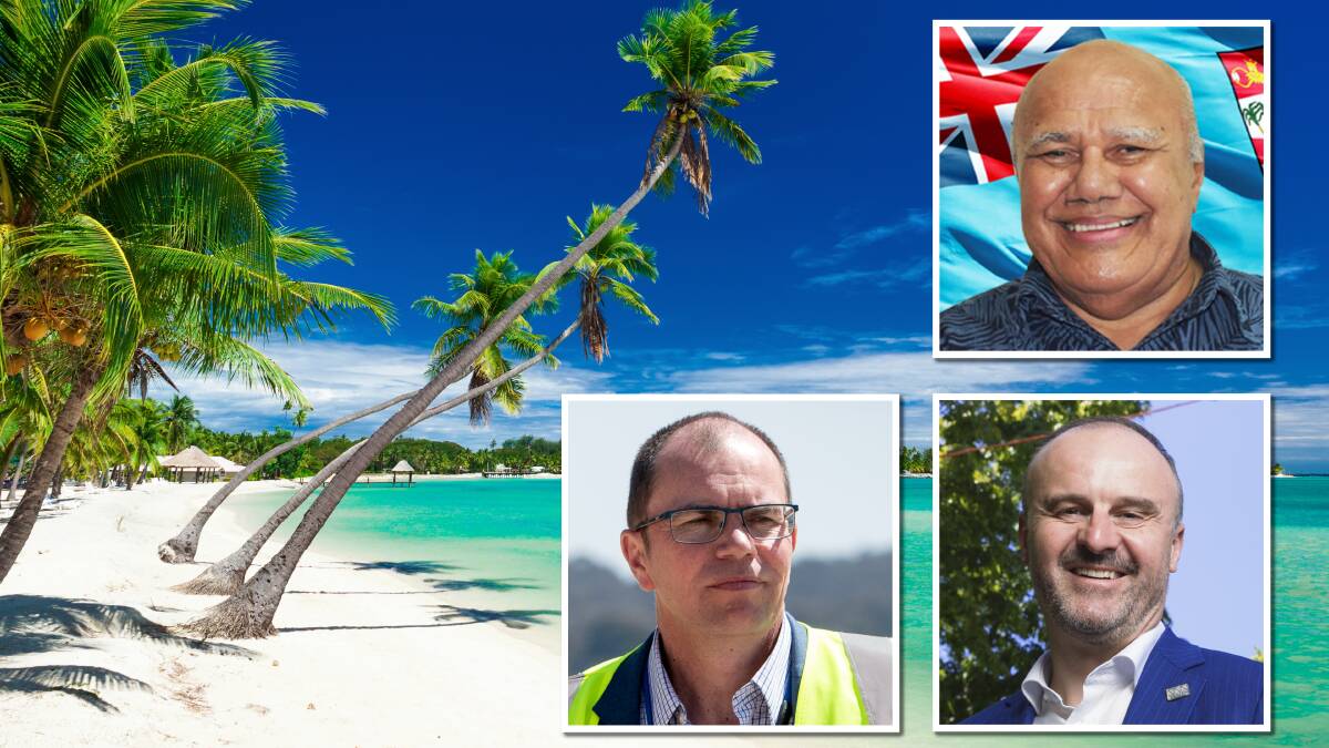 Fiji Deputy Prime Minister and Minister for Tourism Viliame Gavoka, top, Canberra airport head of aviation Michael Thomson, bottom left, and ACT Chief Minister Andrew Barr are expected to announce the direct flights later this week. Pictures ACM, Shutterstock, supplied
