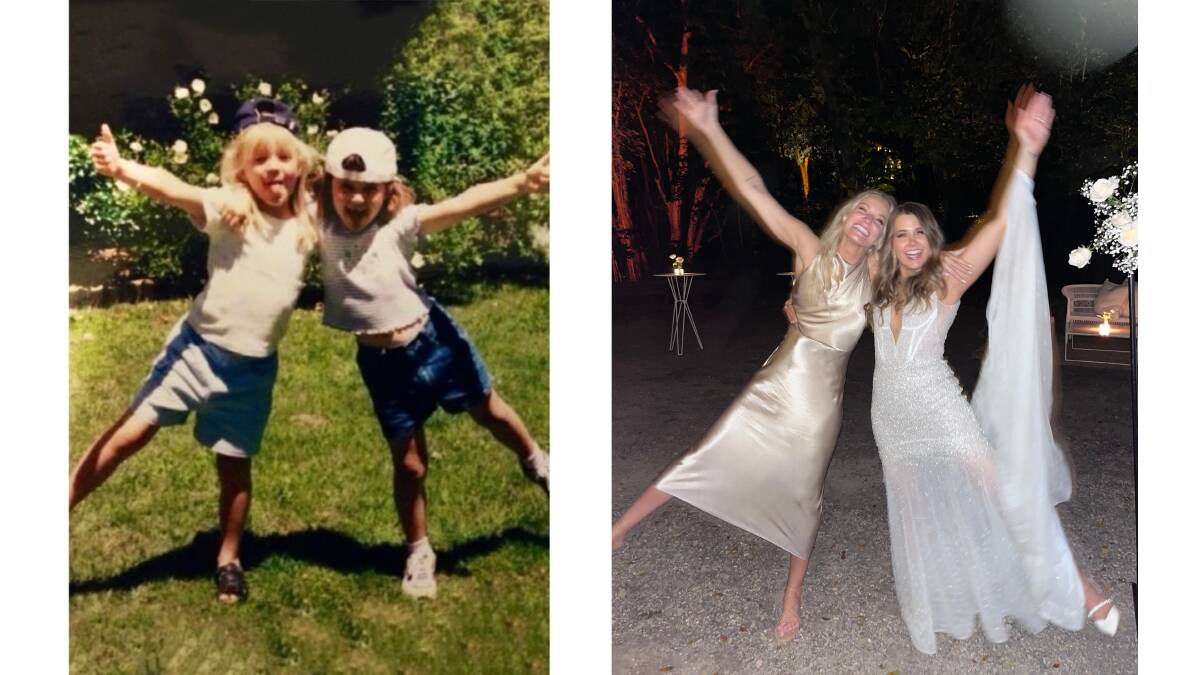Emma Carey at her best friend Jemma Mrdak's recent wedding where they re-enacted a photograph from childhood. The best friends met in Year 1 at St Thomas the Apostle Primary School in Kambah. Pictures supplied