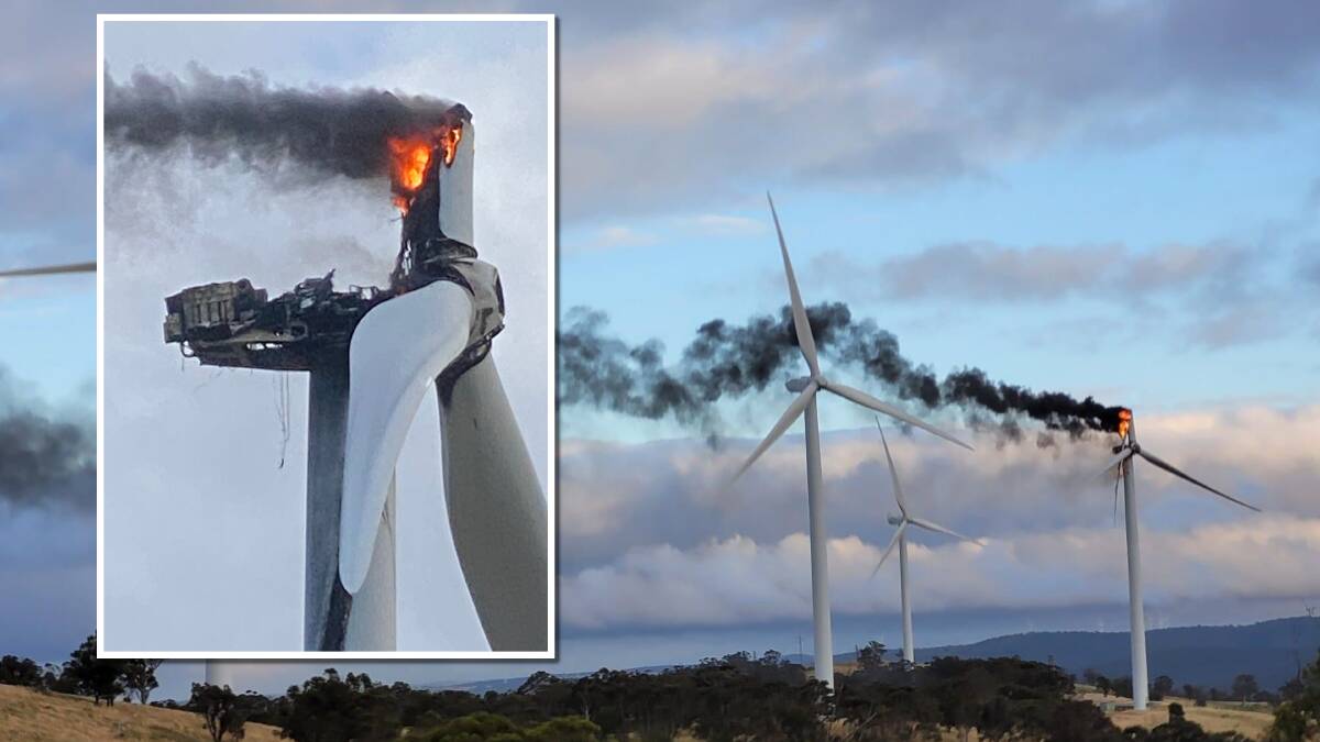 A windfarm off the Hume Highway caught fire on Thursday morning. Pictures NSW RFS/Facebook and supplied