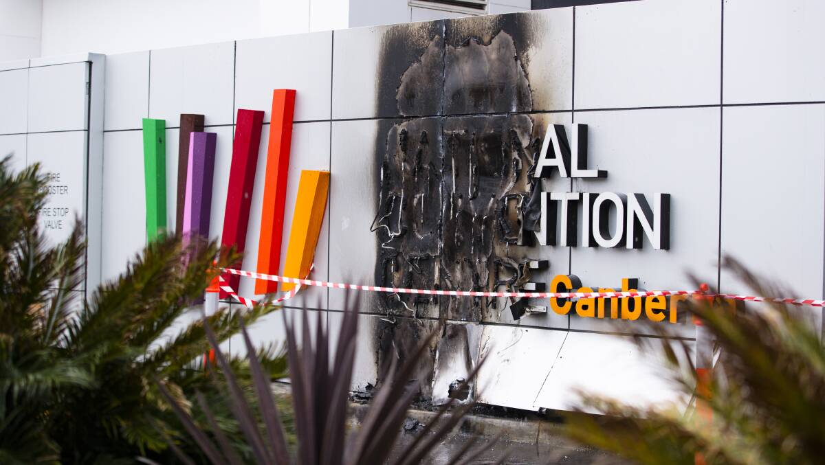 National Convention Centre sign burned due to malfunction during heavy rain. Picture: Keegan Carroll