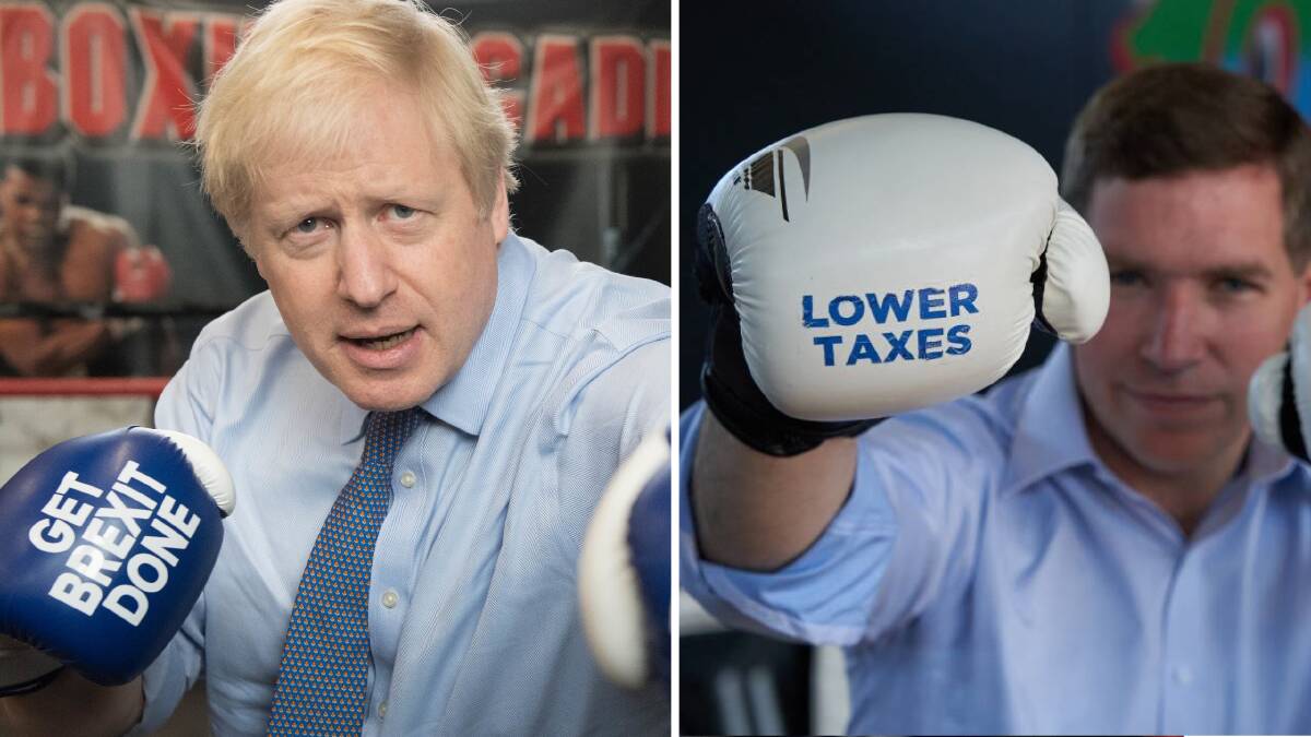 Alistair Coe has been channeling Boris Johnson during the ACT election campaign. Pictures: Getty Images and supplied