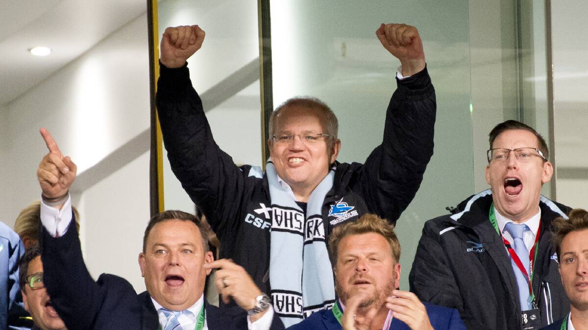 Prime Minister Scott Morrison watching the Cronulla Sharks play in Canberra. Picture: Elesa Kurtz