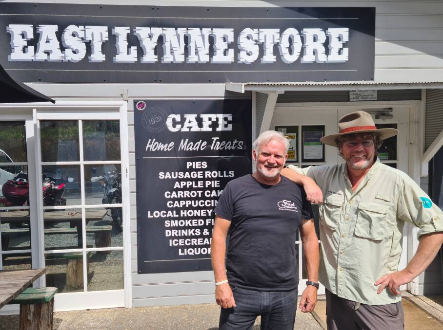 Bede Cooper with Tim the Yowie Man outside Fuel East Lynne. Picture: Dave Moore