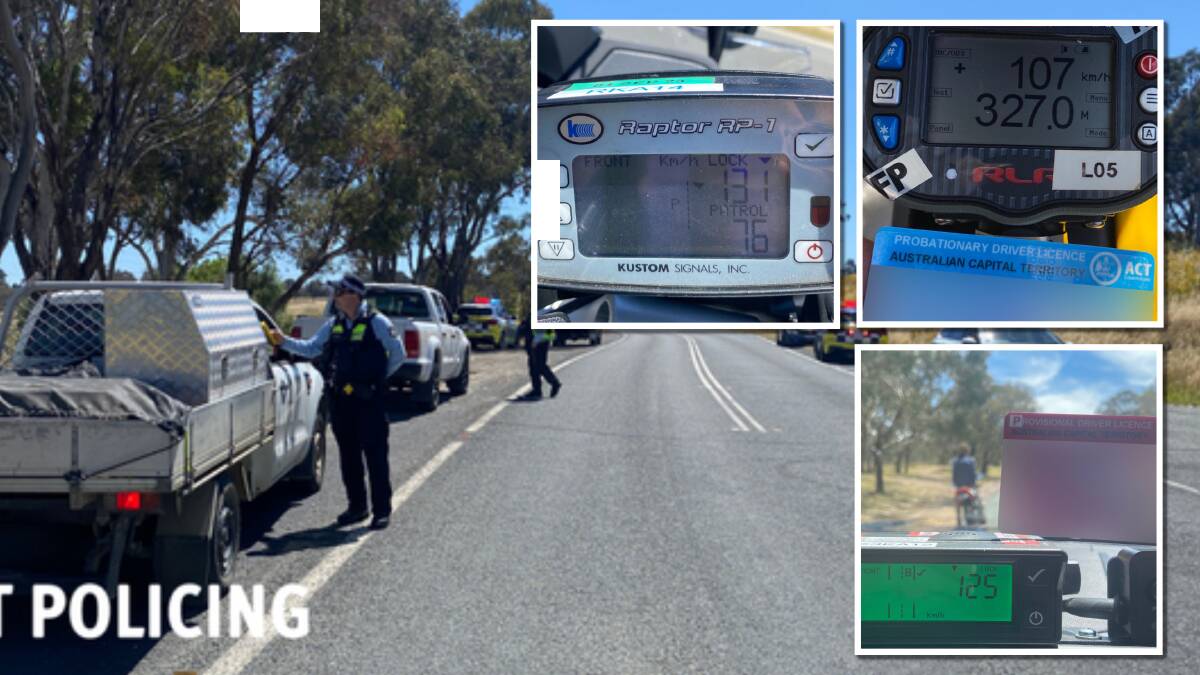 Police breath-testing motorists on Oaks Estate Road on Christmas Day. A Karabar man returned a positive drug result and was taken into custody, and, insets, some of the speeds recorded. Pictures supplied 