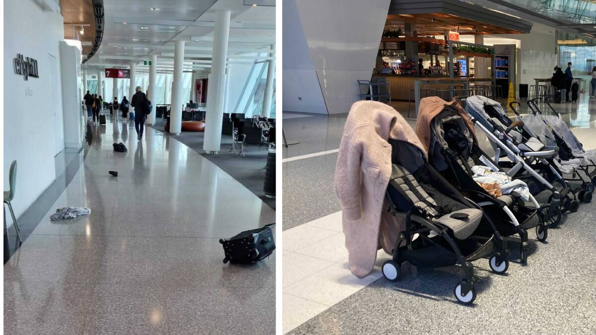 Discarded items left in the terminal, left, and strollers left behind when people fled. Pictures: Peter Foong, Lanie Tindale