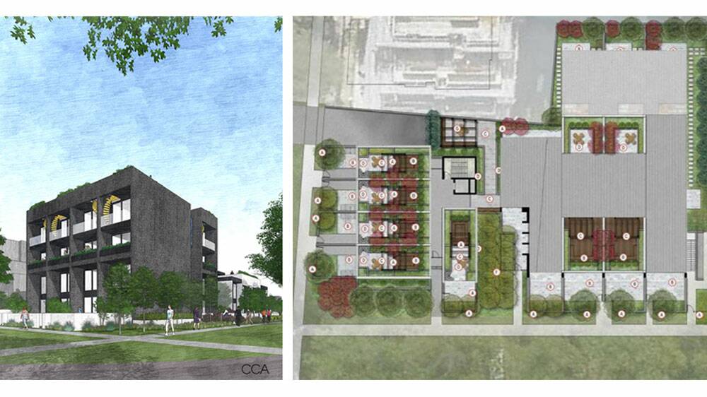 Designs and blueprints of proposed alternative housing designs in Canberra. Grey townhouse style building and coloured blueprint is of micro terrace project from Andrew Collins.Black and and white blueprint and brown and white building is "In Loco" an ageing-in-place concept by Tony Trobe.