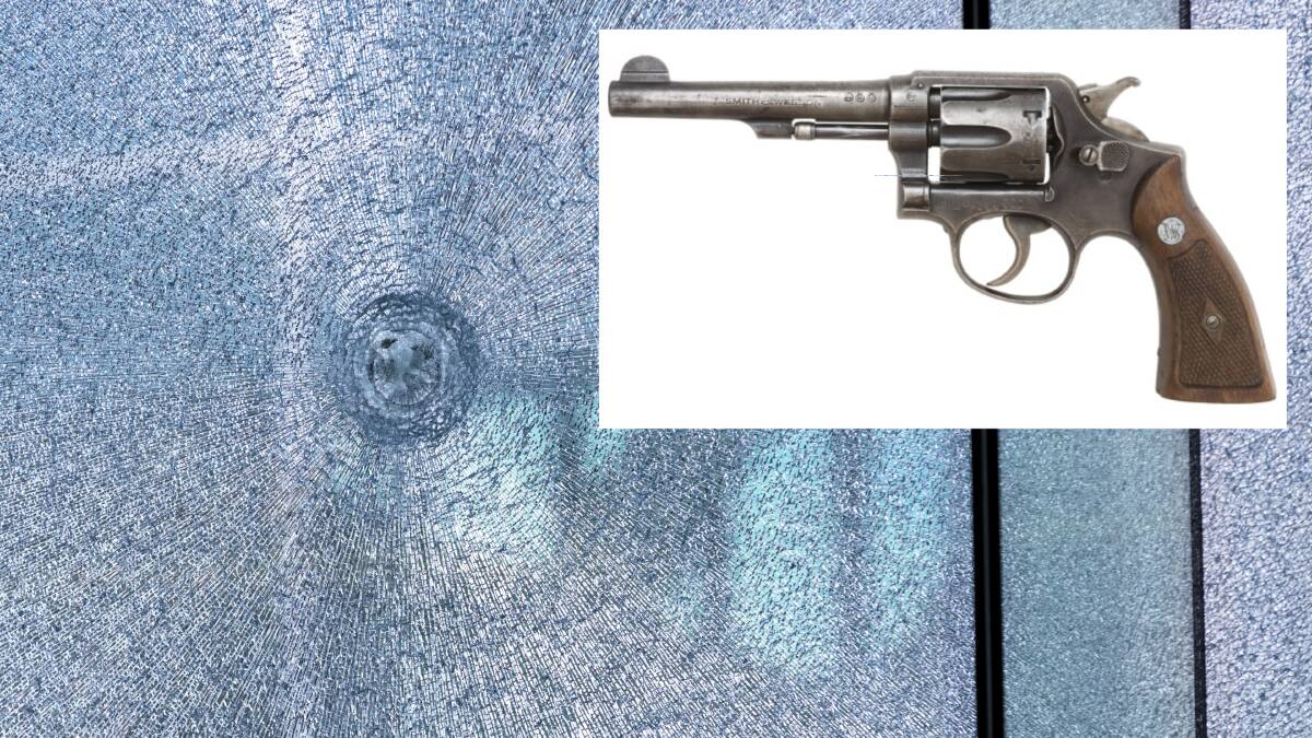 Where a bullet struck the glass at the airport, and, inset, a gun similar to this was allegedly used.