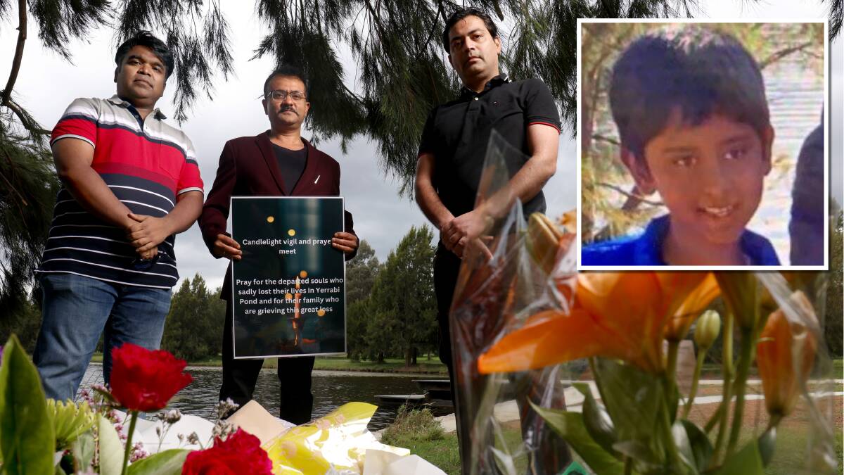President of the India Australia Association Canberra Sandi Mitra, centre, with Pradeep Sornaraj, left, and Abhinaw Srivastava, right, at Yerrabi Pond District Park, where a vigil will be held on Sunday. Inset, Pranav Vivekanandan. Picture by James Croucher, supplied