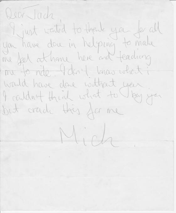 Mick Jagger's handwritten thank you note to Jack Burraston - the local man who taught, or at least tried to teach, Mick how to ride a horse. Picture: Julie Pangalos