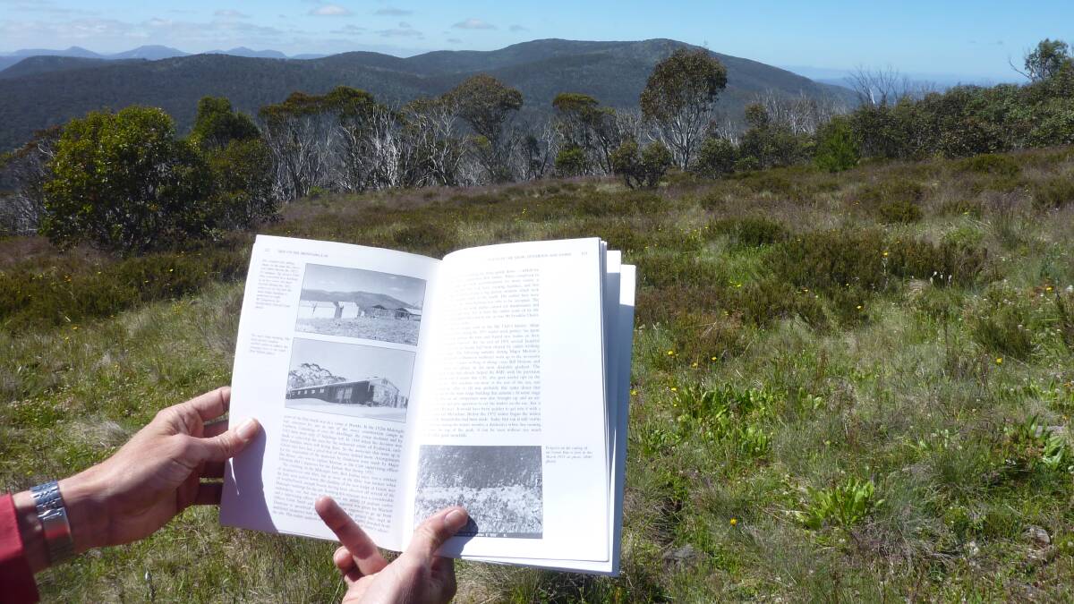 Today, little is left of the Duntroon ski lodge, which stood atop Mt Ginini from the early 1950s until late 1960s. This photo is a re-photograph of the top photo on the photographed page from Matthew Higgins 'Skis on the Brindabellas' was taken in the summer of 1952-53. Picture: Tim the Yowie Man