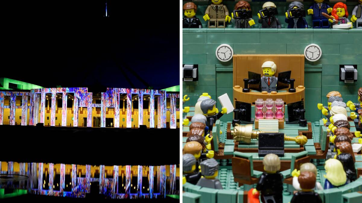 Parliament House, seen left during Enlighten in 2023, will be decked out in projected Lego bricks in 2024. Pictures James Croucher, supplied