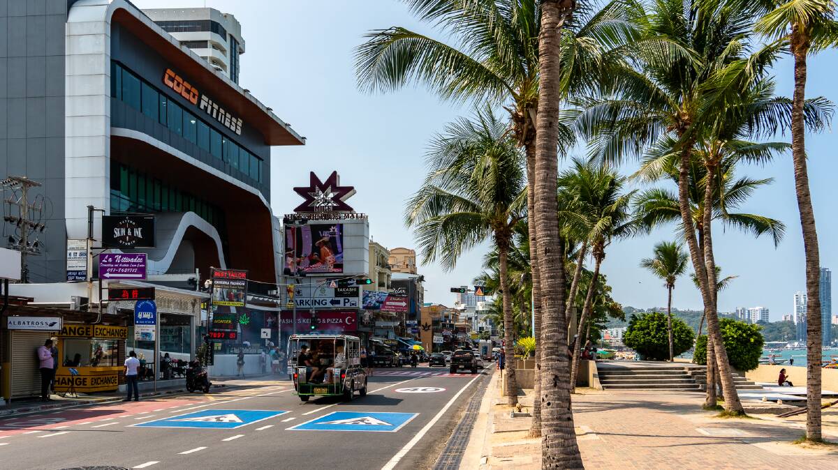 A busy road and shopping centres along the main Pattaya beach. Picture by Michael Turtle