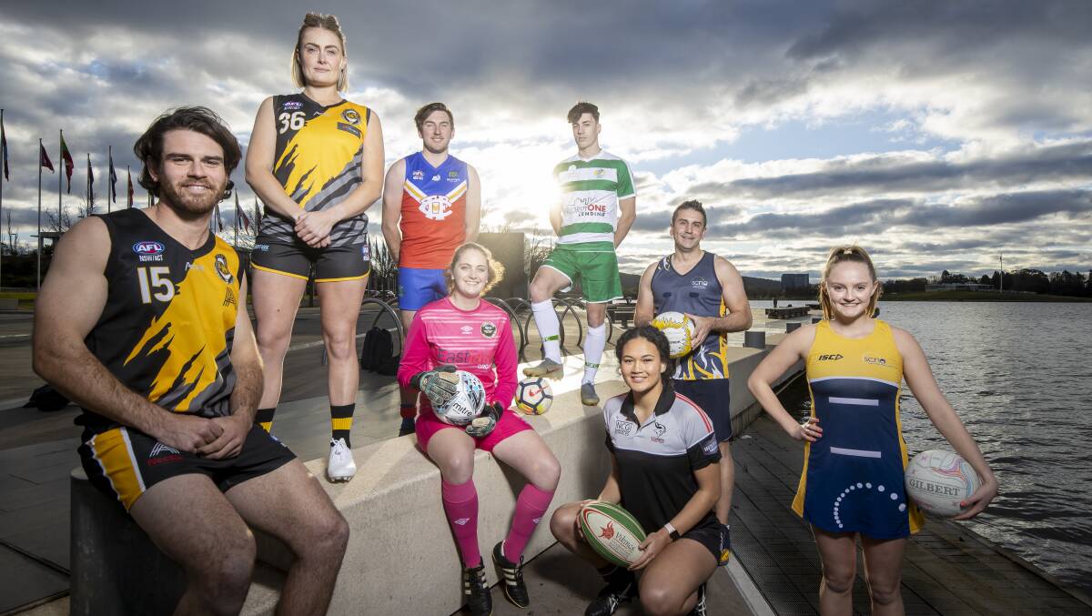 L-R: Queanbeyan Tigers' Tim Shea and Ella Ross, Tuggeranong's Angus Kent (Aussie rules); Gungahlin United's Kailey Tonini and Tuggeranong United's Eddie Coggan (soccer); Tuggeranong ViQueens' Gabby Peterson (rugby union); and South Canberra Netball Association's Brad Manen and Caitlin Hanna are looking forward to the return of Canberra sport. Picture: Sitthixay Ditthavong