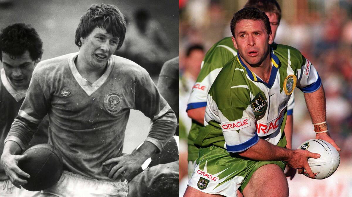 Craig Bellamy, left, began his illustrious rugby league career with the Raiders and Ricky Stuart when he was Raiders halfback. Pictures: Supplied