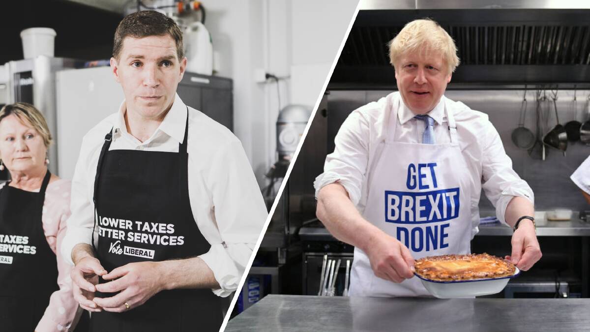 Canberra Liberals leader Alistair Coe, and deputy leader Nicole Lawder bake a cake last week, just like Boris Johnson in the kitchen during the Brexit campaign. Picture: Dion Georgopoulos and Getty