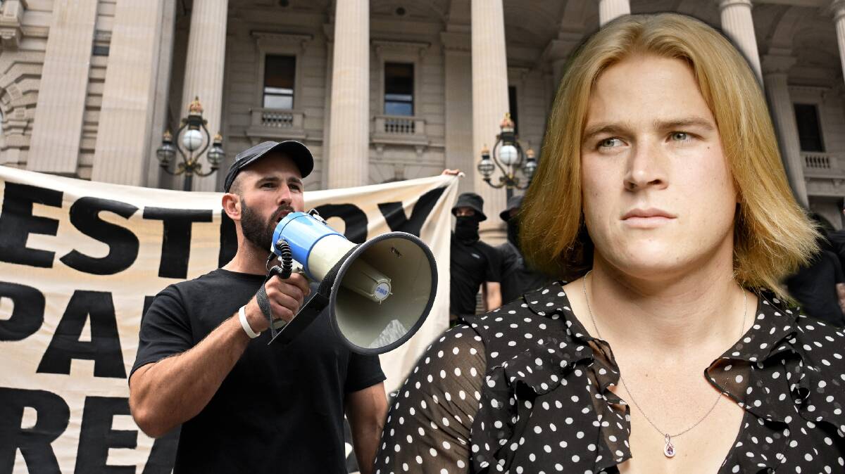 Neo-Nazis led an anti-trans rally on the steps of Victoria's state parliament last weekend and, inset, Hannah Mouncey. Picture AAP