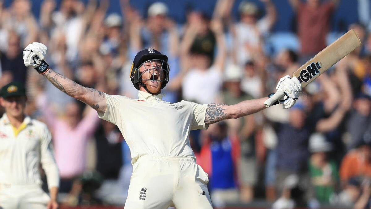 England's Ben Stokes celebrates victory on day four of the third Ashes cricket Test match. Picture: AP