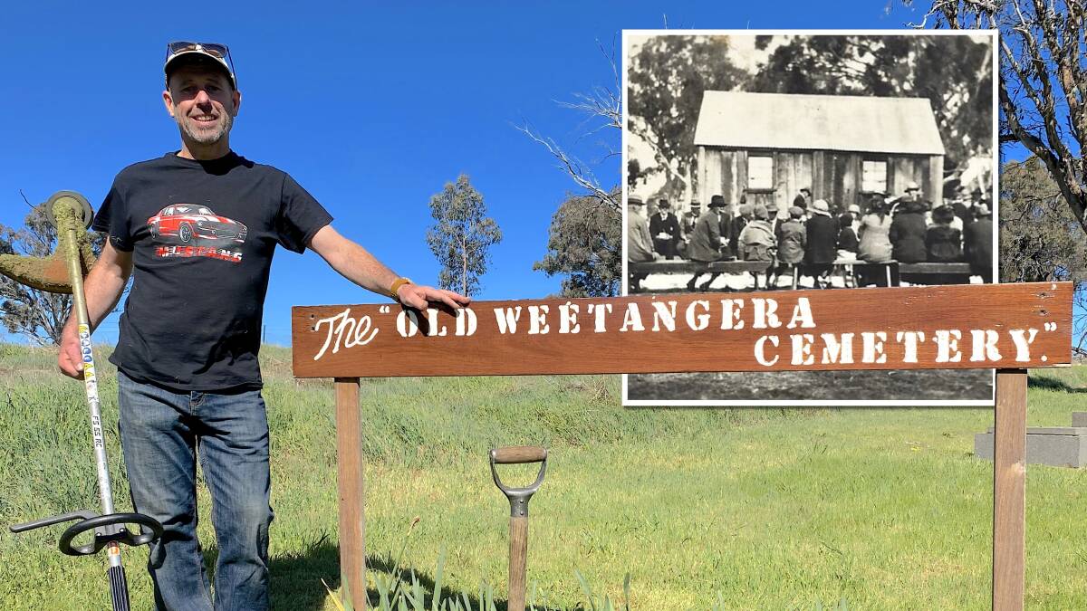 Joey Leonard has taken it upon himself to maintain the old Weetangera Cemetery, and, inset, the Weetangera Methodist Church circa 1920. Pictures by Tim the Yowie Man, Kingsley Southwell 