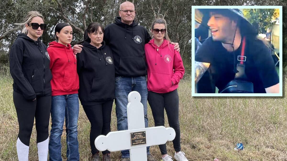 The Molloy-Murphy family, from left sisters Belinda and Dimity, mother Vicki, father Luke and Jyle's partner Jess Christensen at the Pialligo site where Jyle's, inset, body was found in late February. Pictures by Peter Brewer, supplied