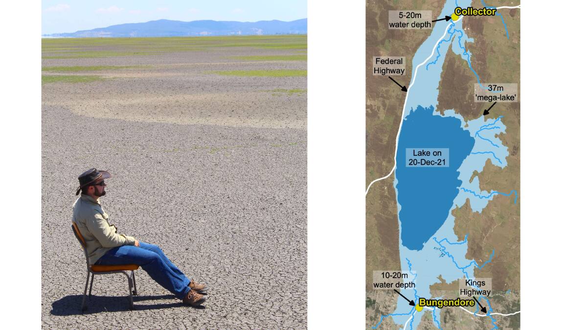 Dr Short on a dry lake previously, and a graphic he provided showing inundation from a 37m deep Lake George. Pictures: Supplied