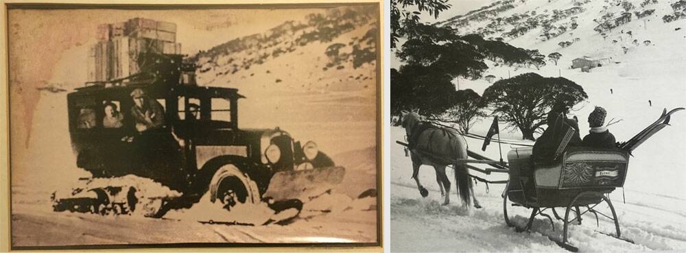 A photo, left, on the wall of the Kosciuszko Chalet Hotel of the 1937 transport to Charlotte Pass. One-horse-open-sleigh, Perisher Valley, 1961. Pictures: Tim the Yowie Man and Courtesy Greg Murray and Peter Southwell-Keely 