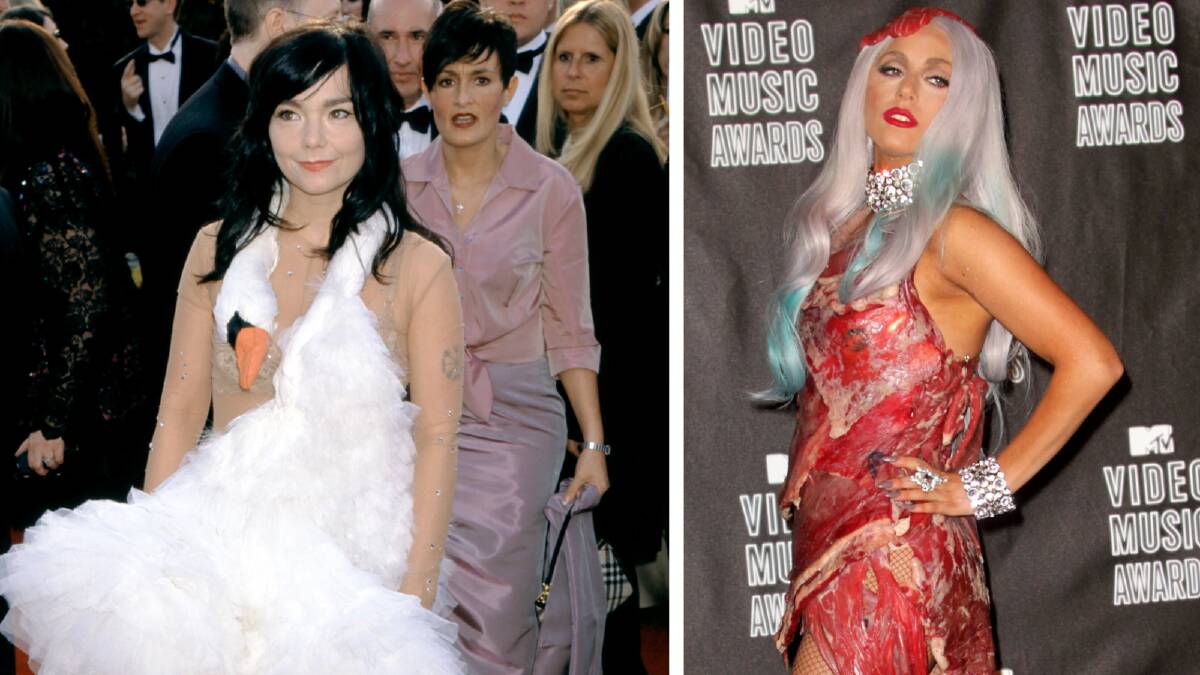 Bjork's swan look, left, was a controversial choice, but I think she makes it work. Lady Gaga, right, in her meat dress - how many cows were killed for this one? Pictures: Getty