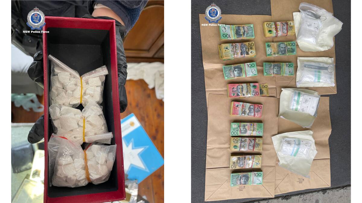 A kilogram of what is believed to be cocaine blocks was found concealed in two hidden compartments inside a car stopped at a Goulburn service station. Officers also found $130,000 in cash. Pictures NSW Police