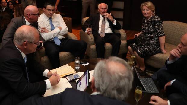 Waiting for Shorten to concede from left: Scott Morrison, chief of staff John Kunkel, campaign director Andrew Hirst, John and Janette Howard, head of media Andrew Carswell. Picture: Adam Taylor