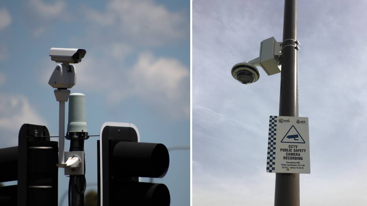 An ACT government tilt, pan and zoom traffic camera, left, and, right, a public safety camera, connected to the ACT government's CCTV network. Pictures: Supplied and Peter Brewer