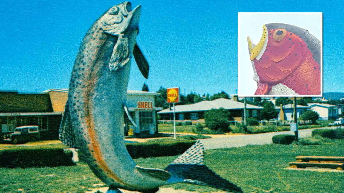 Adaminaby's Big Trout has had a paint job, inset, and not everyone likes it. Pictures Steve Brayshaw and Tim the Yowie Man