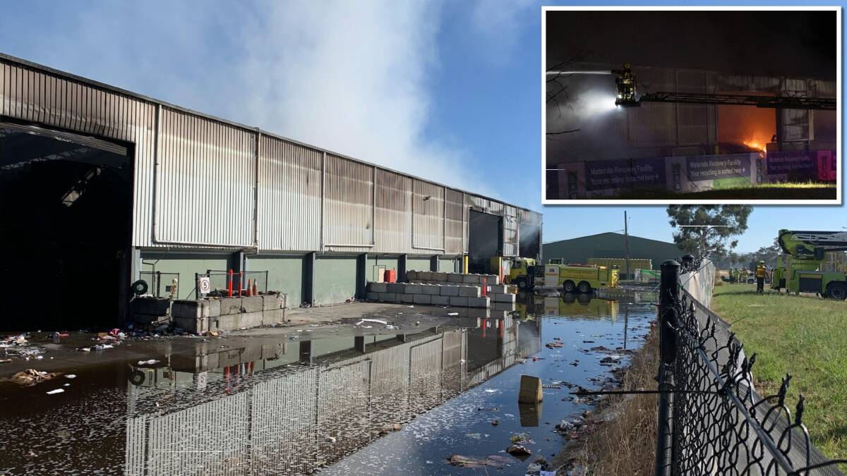 The Materials Recovery Facility in Hume has been badly damaged, main, from a fire overnight, inset. Pictures by Peter Brewer, supplied