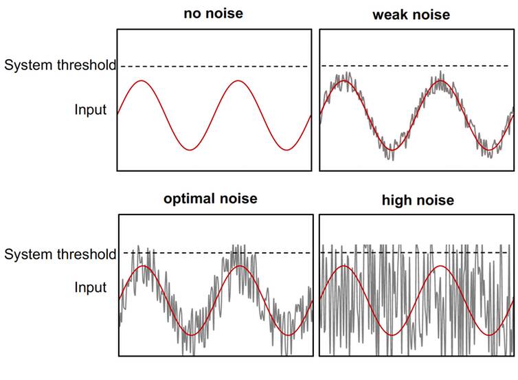 Stochastic resonance occurs when an optimal level of noise is added to a weak signal. In this example the signal alone (red line) remains below the threshold for detecting the signal (dotted line). Adding an optimal amount of noise raises the stimulus periodically above the system threshold. If the added noise is too weak, the threshold is not crossed. Conversely, if the noise is too strong, the signal remains buried and cannot be discriminated from the noise.