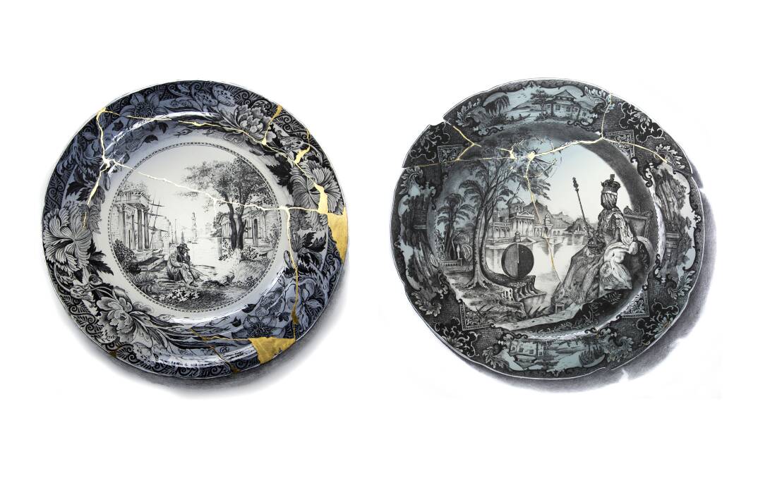 Robert Hague, Blue Claude (after McCubbin), 2015 in Porcelaine, left and Robert Hague, King & Queen (after Don Dale), 2016-18 in Porcelaine at Megalo. Picture: Supplied