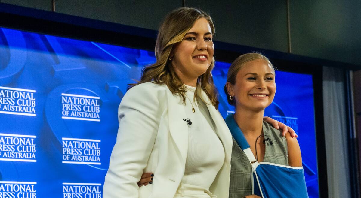 Grace Tame and Brittany Higgins on stage at the National Press Club Australia. Picture: Karleen Minney