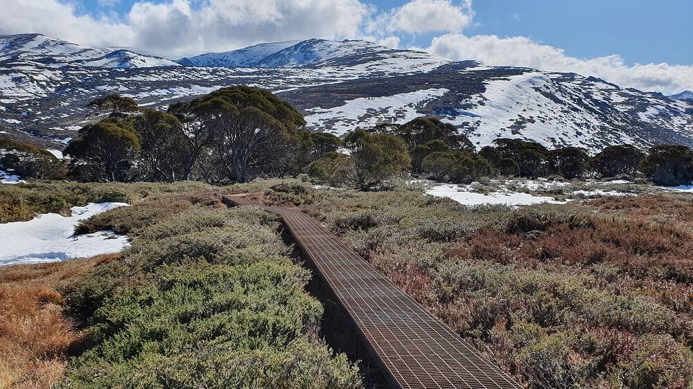 A new section of track linking Guthega to Charlotte Pass with views towards Crummer Spur, Mount Twynam and Blue Lake set to open this coming autumn. Picture: NPWS