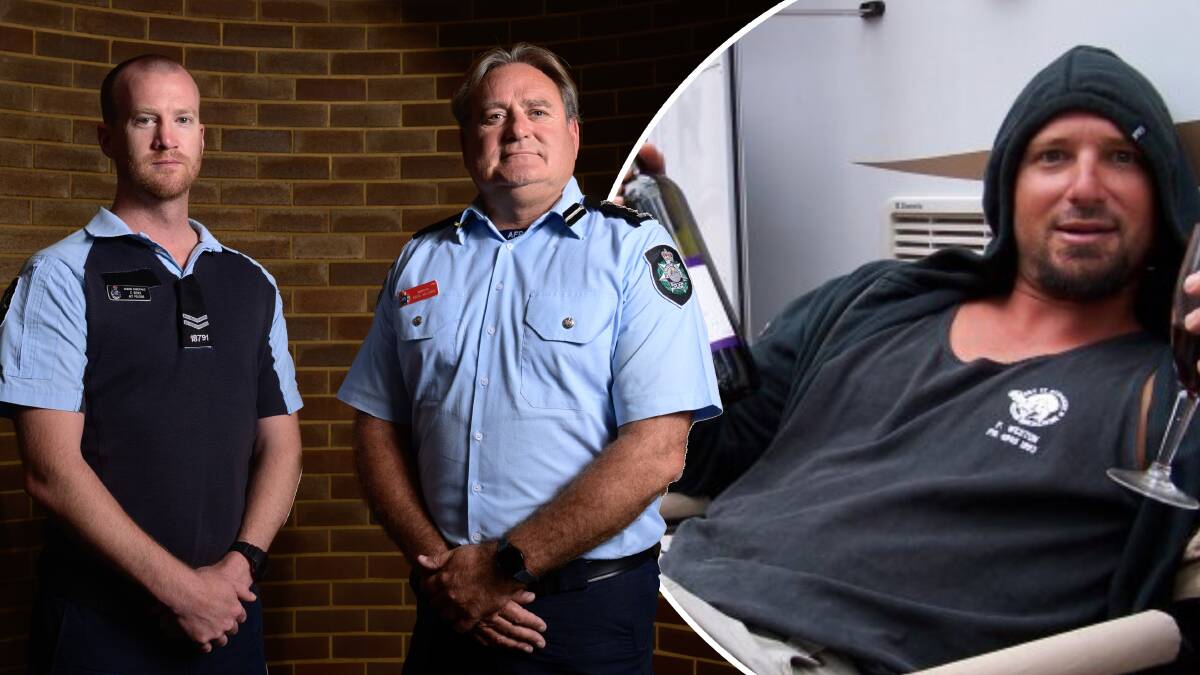 On the police front line against family violence, Senior Constable Caleb Boxx and Inspector David Williams. And, inset, axe murderer Marcus Rappel. Pictures by Sitthixay Ditthavong, Facebook