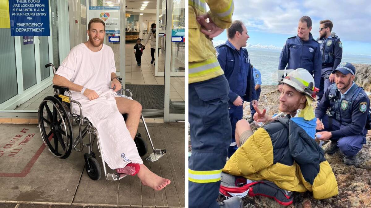 Ben Davidson, left, gets some fresh air at Canberra Hospital following surgery on his shattered leg and right, as he's cared for by emergency services while awaiting the Toll Air Ambulance. Pictures: Supplied