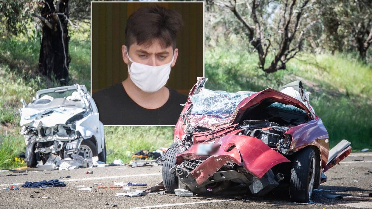 The aftermath of the William Hovell Drive head-on crash in October 2020 and, inset, Brent Dopson, 29. Pictures: Karleen Minney, Toby Vue