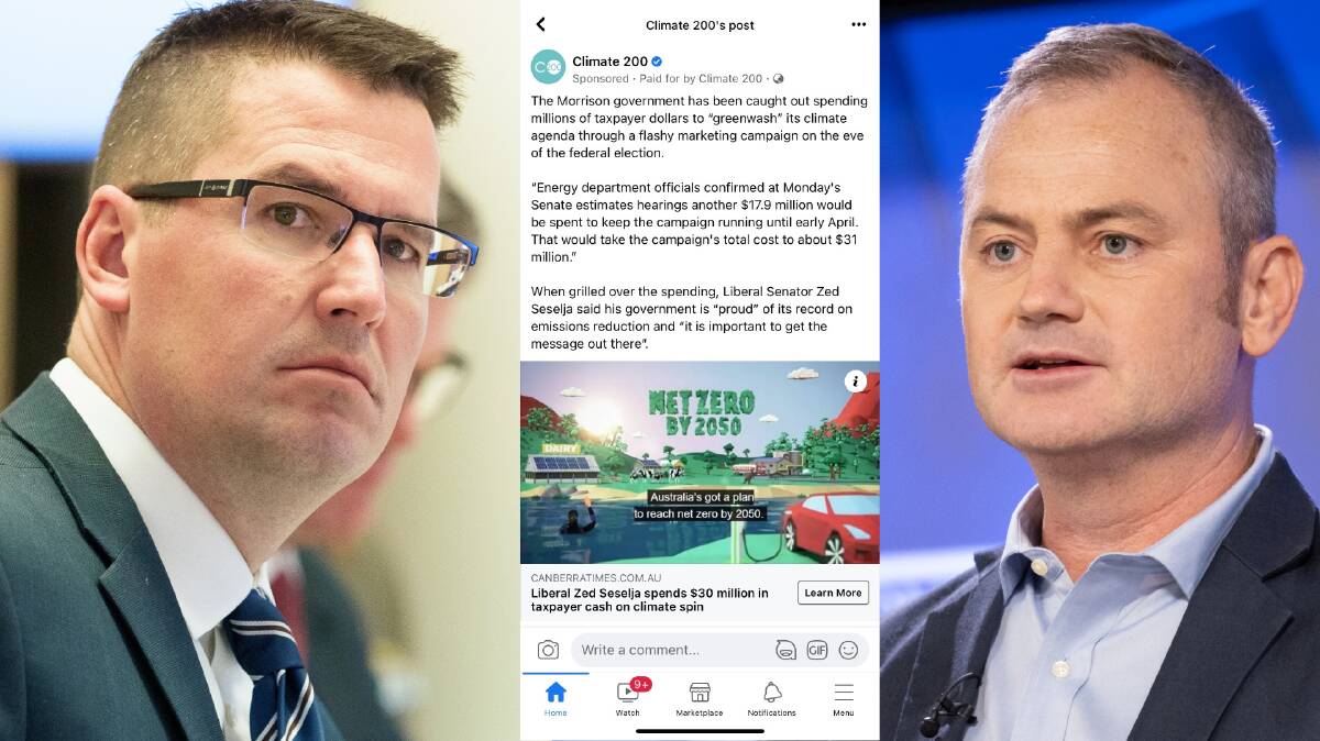 Liberal senator Zed Seselja, left, the doctored post and Climate 200 convenor Simon Holmes a Court. Pictures: Sitthixay Ditthavong, screenshot