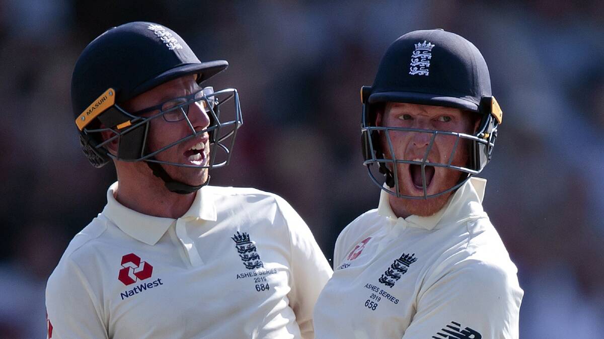 England's Ben Stokes, right, with Jack Leach celebrates after scoring the winning runs on the fourth day of the 3rd Ashes Test. Picture. AP