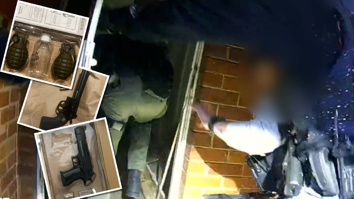 Police raiding a Canberra property, and some of the items seized during a series of search warrants. Pictures supplied