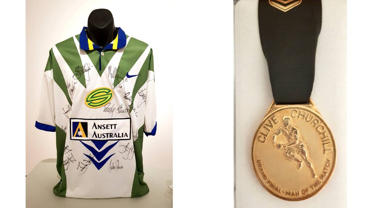 A 1997 signed Super League jersey on loan from the Queanbeyan Leagues Club and Clive Churchill Medal on loan from Jack Wighton. Pictures: Supplied