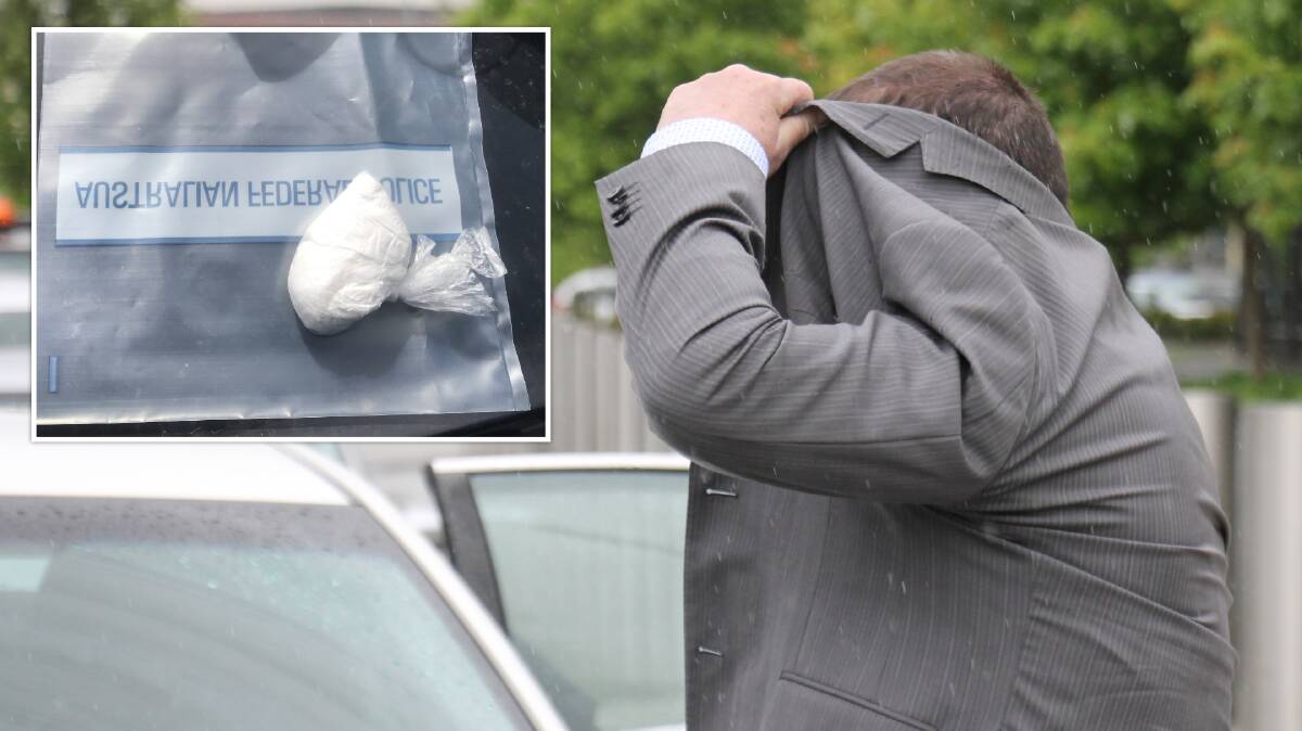 Justin Eeles hides behind his jacket as he leaves court last Friday and inset, the cocaine police seized in April. 
