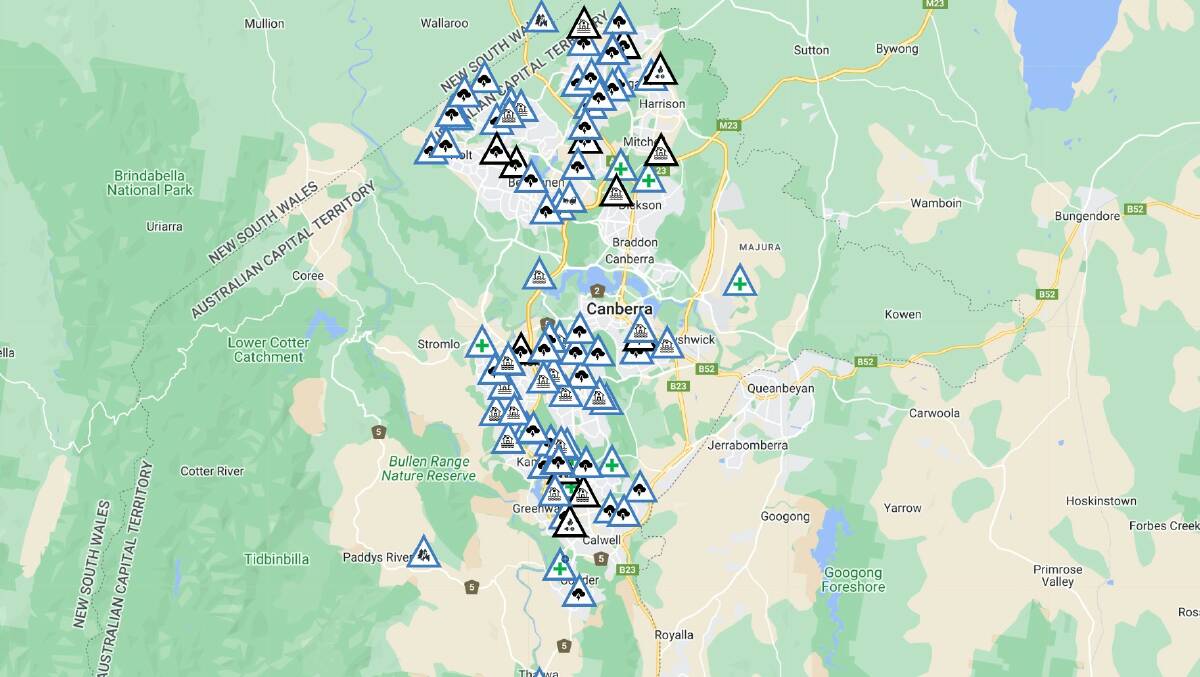 A screenshot of the Emergency Services Agency's incidents map about 1pm.