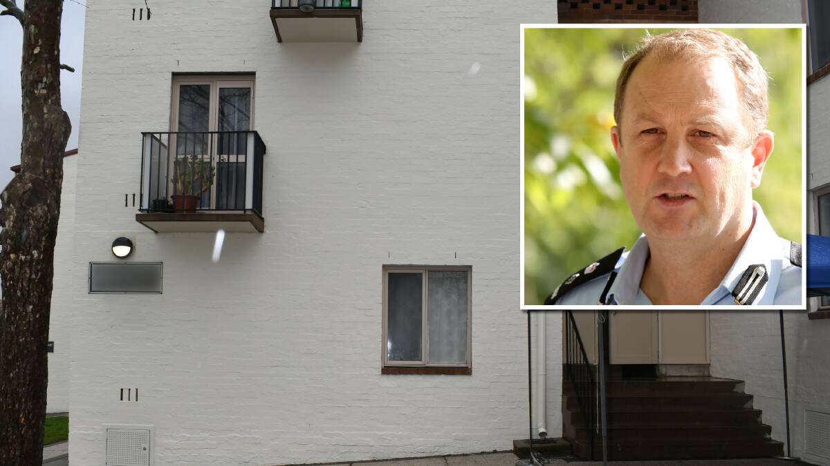 The murder allegedly took place at flats in Reid, and, inset, Detective Superintendent Hall O'Meagher. Pictures supplied and by James Croucher